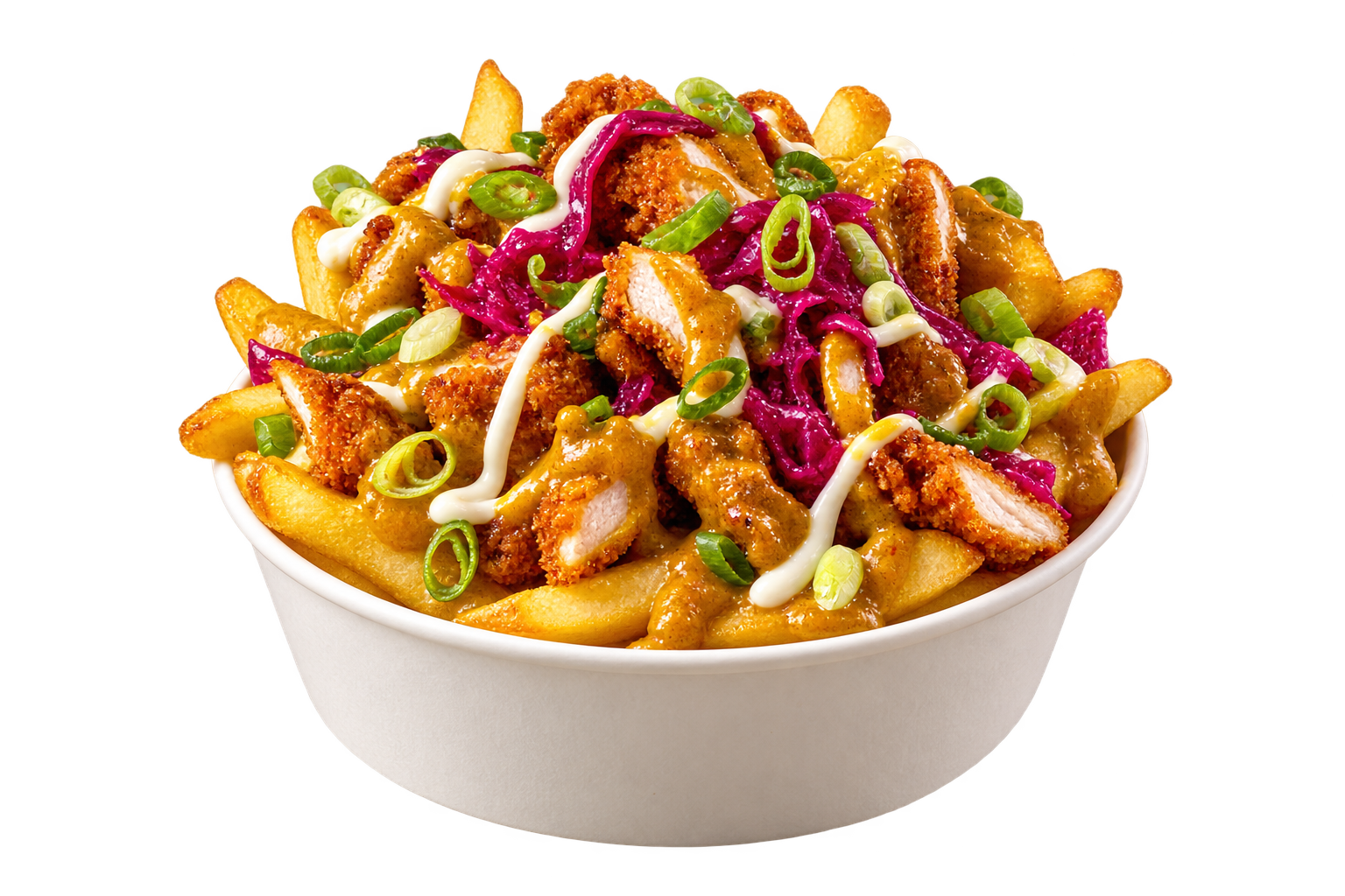 Generated bowl of loaded fries with chicken, sauce and spring onion, isolated on transparency