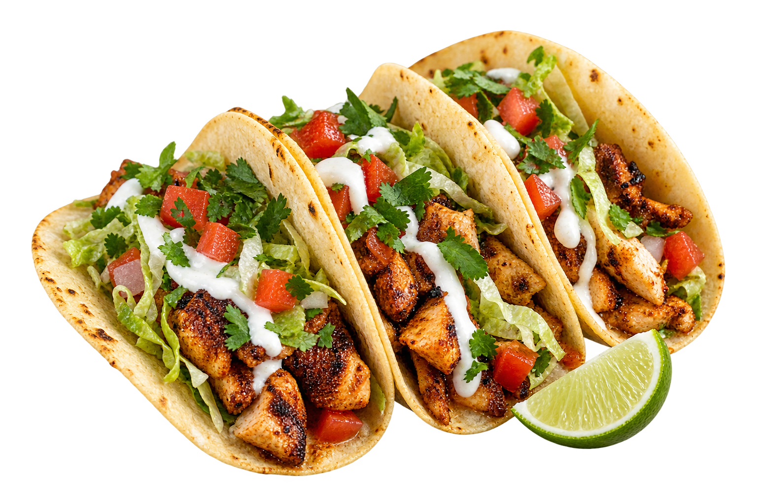 Generated three chicken tacos with lettuce, tomato and lime, isolated on transparency