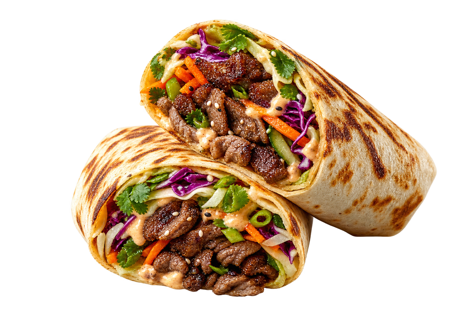 Generated barbecue wrap halves with beef, cabbage and herbs, isolated on transparency