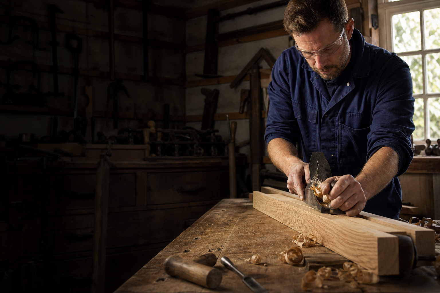Generated joinery workshop with a craftsperson hand-planing oak